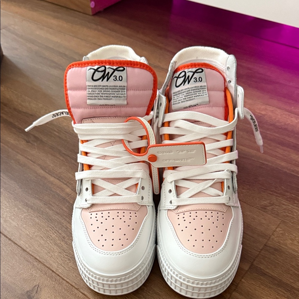 Off-White Pink and White High-Tops with Orange Accents